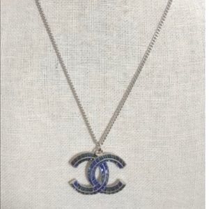 Chanel Blue Crystal CC pendant with silver chain necklace